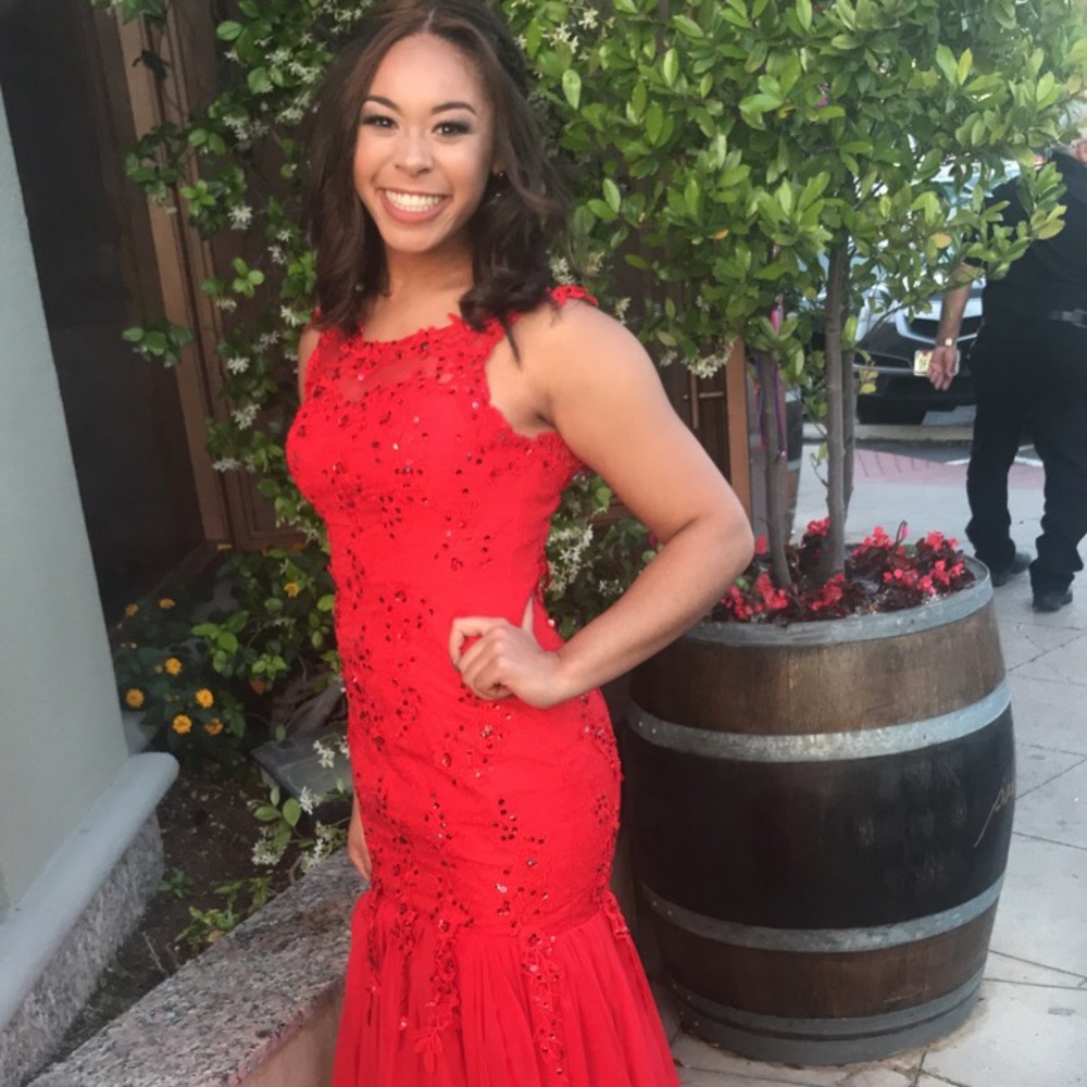 red corset prom dress